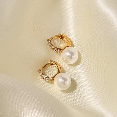 Boucles d'oreilles en acier inoxydable cercle de style simple incrustation de perles boucles d'oreilles en acier inoxydable zircon 1 paire