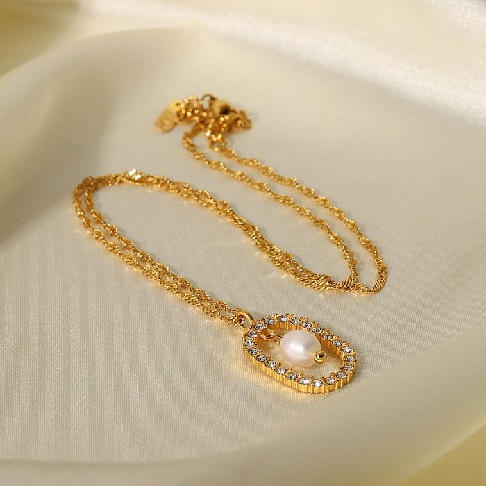 Art- und Weisegeometrischer Edelstahl-Anhänger-Halsketten-Gold überzogene Perlen-Zirkon-Halsketten