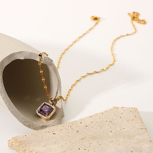 stainless steel chain white microinlaid zircon edging purple square zircon pendant necklace