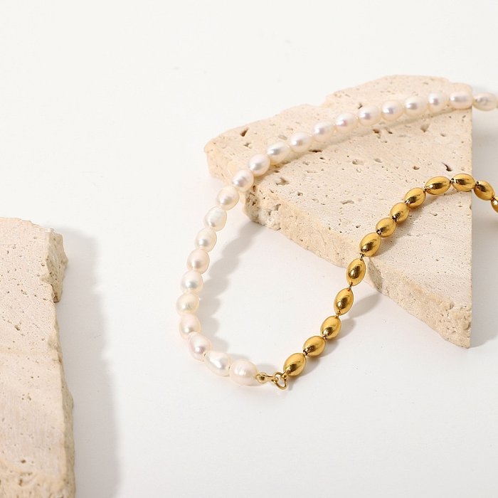 Europäische und amerikanische Halbfrischwasserperle semi18K vergoldete Perlenkugel einfacher Edelstahlschmuck kurze Halskette Modeschmuck