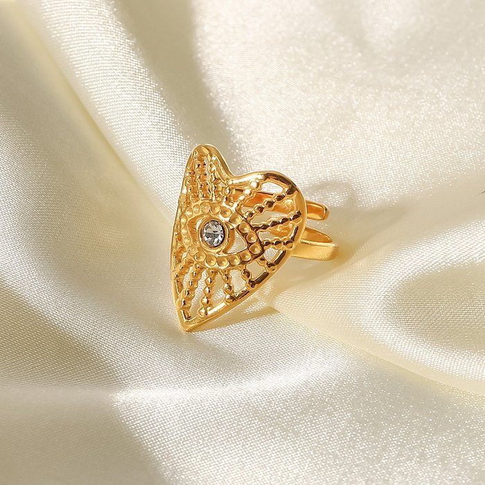 Anel aberto em forma de coração em forma de coração de aço inoxidável banhado a ouro zircão anéis de aço inoxidável
