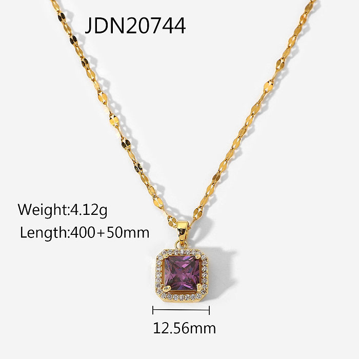 Fashion stainless steel chain microinlaid zircon purple square zircon pendant necklace