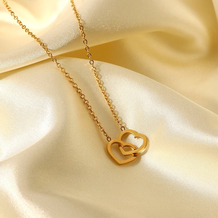 collier simple anneau double coeur en acier inoxydable or 18 carats en gros