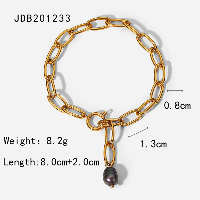 pingente de pérola negra estilo retrô pulseira de aço inoxidável banhado a ouro 18k