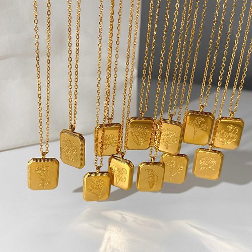 Colar pingente quadrado de jóias de flores de dezembro de aço inoxidável banhado a ouro 18k