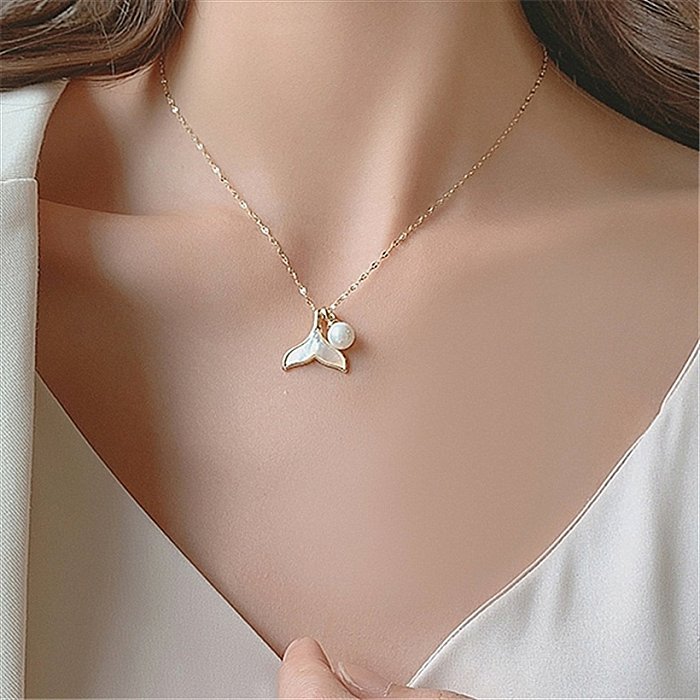 simple stainless steel shell mermaid pearl pendant necklace wholesale jewelry