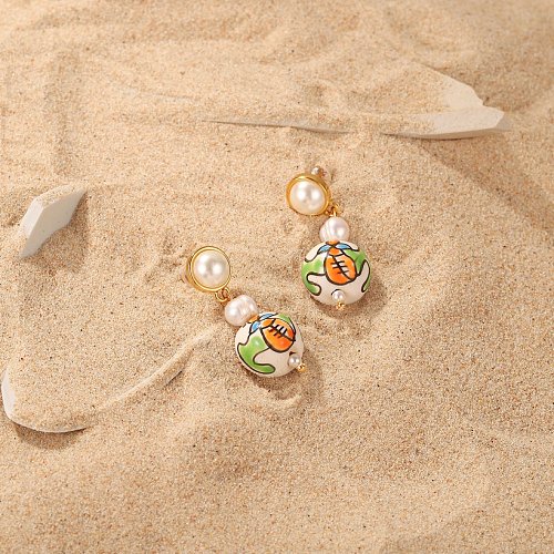 New Style Geometric 18K goldplated Pearl Painted Ceramic Pendant Stainless Steel Earrings