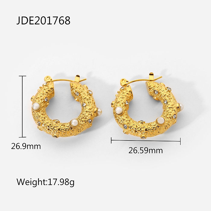 Pendientes de aro de perlas de moda Pendientes de circonita cúbica de martillo de joyería de acero inoxidable de oro de 18k