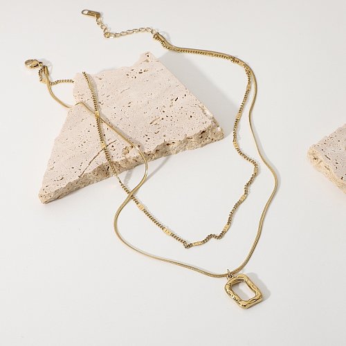retro hollow square pendant 14K gold stainless steel necklace