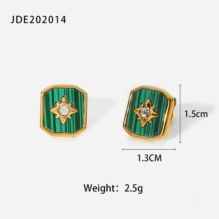 Moda retrô estrela de oito pontas embutida malaquita verde brincos de aço inoxidável de ouro 18k