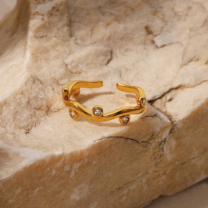 Anillo abierto geométrico de acero inoxidable de estilo simple, anillos de acero inoxidable con diamantes artificiales