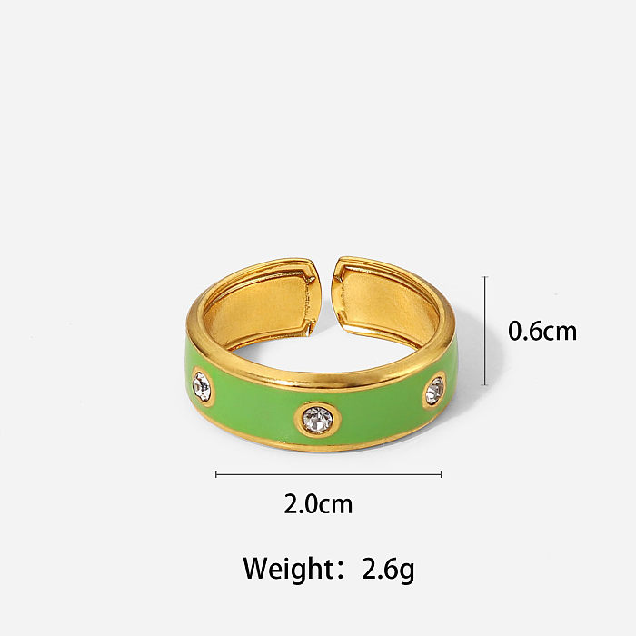 Moda não desbotada gotejamento aberto ouro 18k aço inoxidável embutido zircão roxo rosa anel verde
