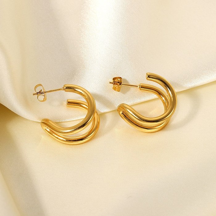 Simple Solid Color Stainless Steel Double Layer Geometric Line Earrings