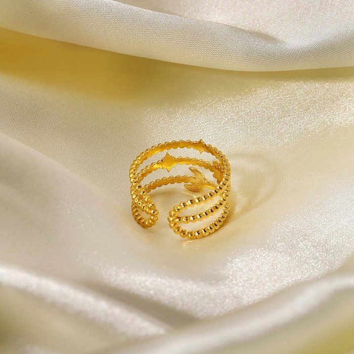 anel de abertura de aço inoxidável banhado a ouro retrô de três camadas, joias atacado