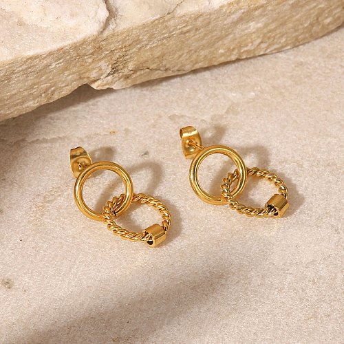Boucles d'oreilles pendantes torsadées à double cercle en acier inoxydable plaqué or 18 carats de style vintage