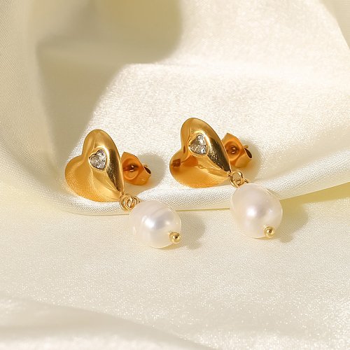 Fashion Heart Shape Stainless Steel Earrings Inlay Artificial Pearls Zircon Stainless Steel Earrings