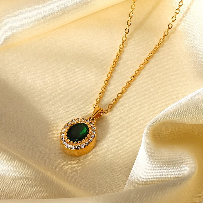 New Stainless Steel 18K goldplated Oval Zircon Pendant Necklace