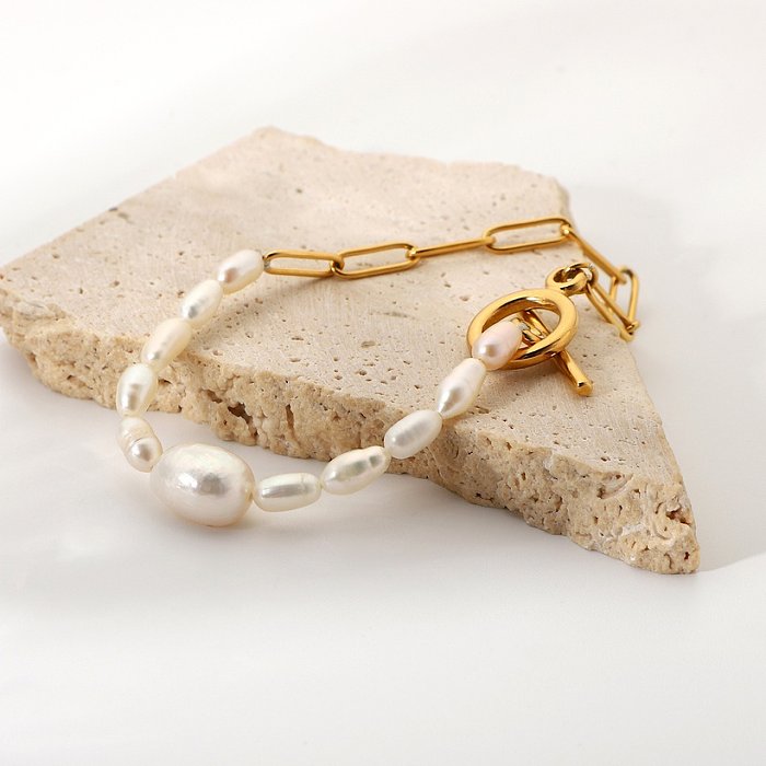Nuevo simple 18K OT hebilla cadena de acero inoxidable pulsera de perlas joyería al por mayor