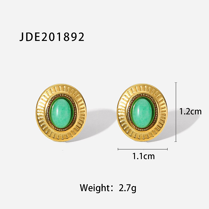 nouvelles boucles d'oreilles en acier inoxydable or 18 carats bouton jade vert ovale rétro