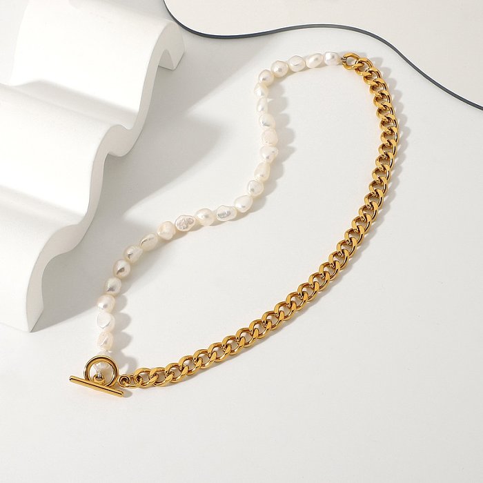 Classical freshwater pearl OT buckle stainless steel necklace