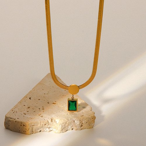 colar de pingente de zircão quadrado verde de aço inoxidável de ouro 18k fashion