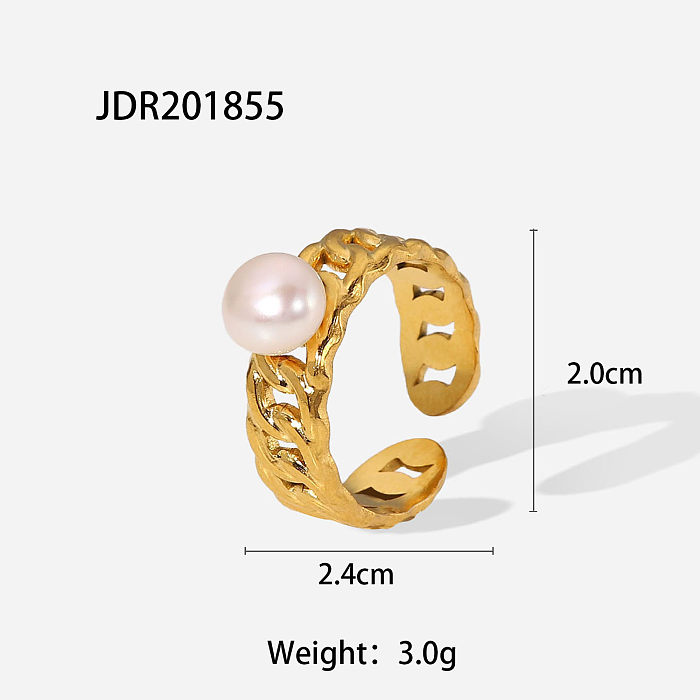Novo estilo corrente de aço inoxidável banhado a ouro 18K anel de pérolas
