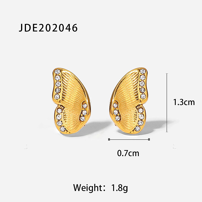 Fashion 18K Gold Stainless Steel Geometric Butterfly Wings Inlaid Zirconium Stud Earrings