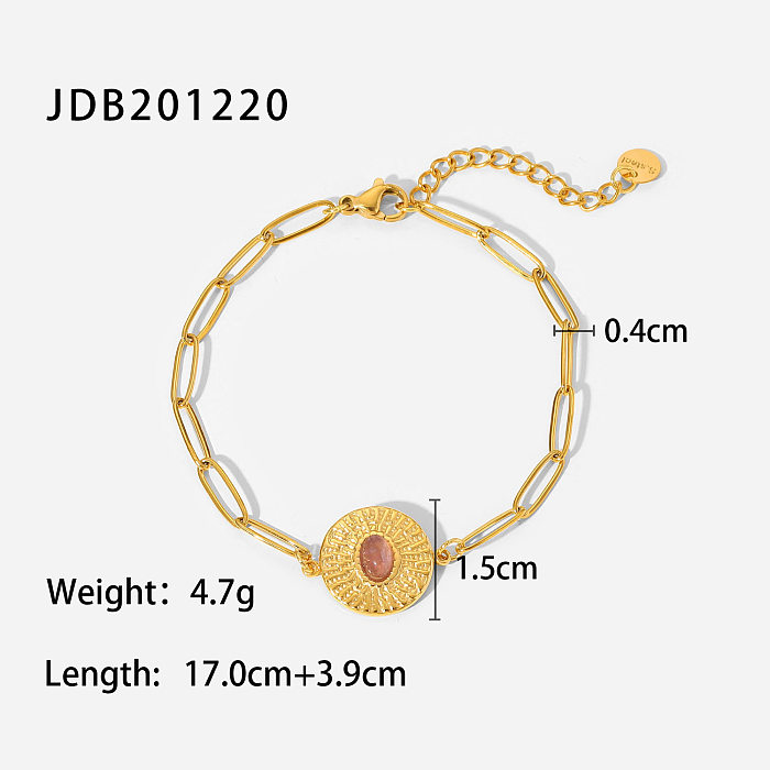 Fashion New 18K GoldPlated Round Brand Inlaid Oval Stone Cross Chain Stainless Steel Bracelet Women