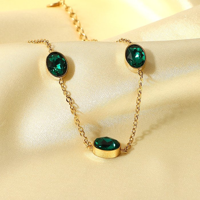 Nova jóia retrô oval verde zircão moda pulseira de aço inoxidável banhado a ouro 14K