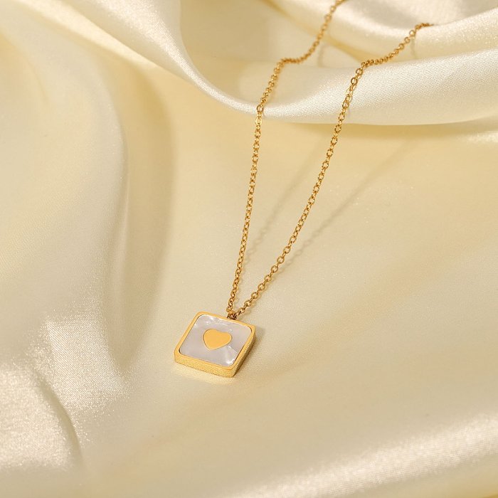 simple 18K Gold Plated Stainless Steel HeartShaped Square White Shell Necklace