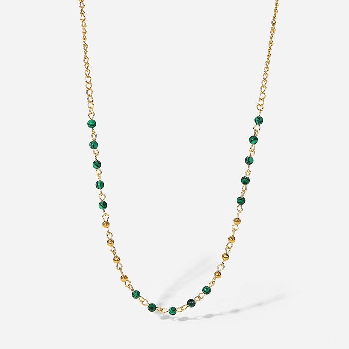 Fashion 18K Gold Stainless Steel Green Peacock Stone Beads Necklace Women