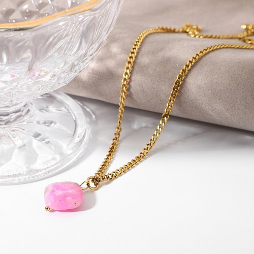 colar de pedra natural rosa de aço inoxidável banhado a ouro retrô jóias atacado