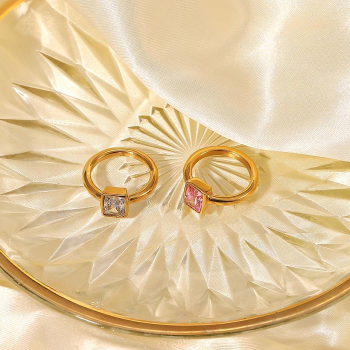 European and American rectangular edging pink zircon ring 18K stainless steel womens ring