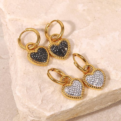 New style 18K Gold plated heartShaped lock Inlaid Black White Zircon Pendant stainless steel Earrings