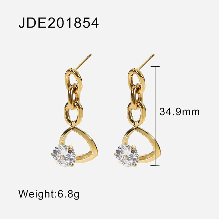 Fashion geometric chains hollow triangle inlaid white round stainless steel earrings