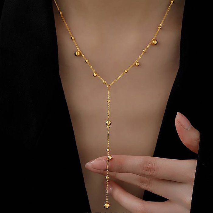 New 18K Gold Plated Stainless Steel Round Beads Tassel Necklace