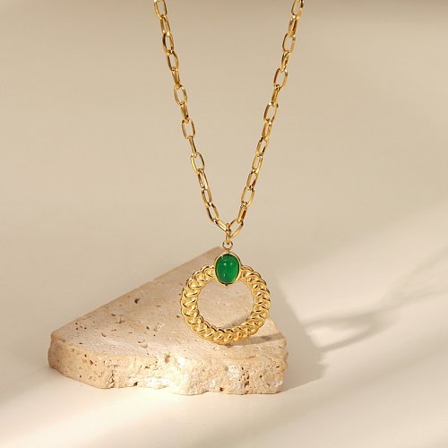 14K Gold Edelstahl Halskette Ring Twist Intarsien grüner Achat Kreuzkette Halskette