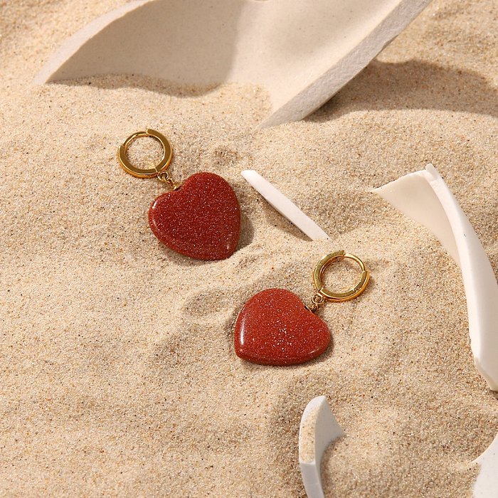 Brincos de pingente em forma de coração de arenito ouro vermelho retrô fashion de aço inoxidável