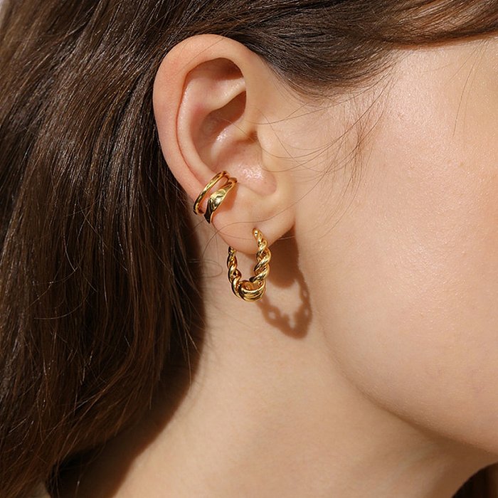 18K goldplated hoop jewelry doubleline crosswound twisted geometric Cshaped earrings stainless steel earrings