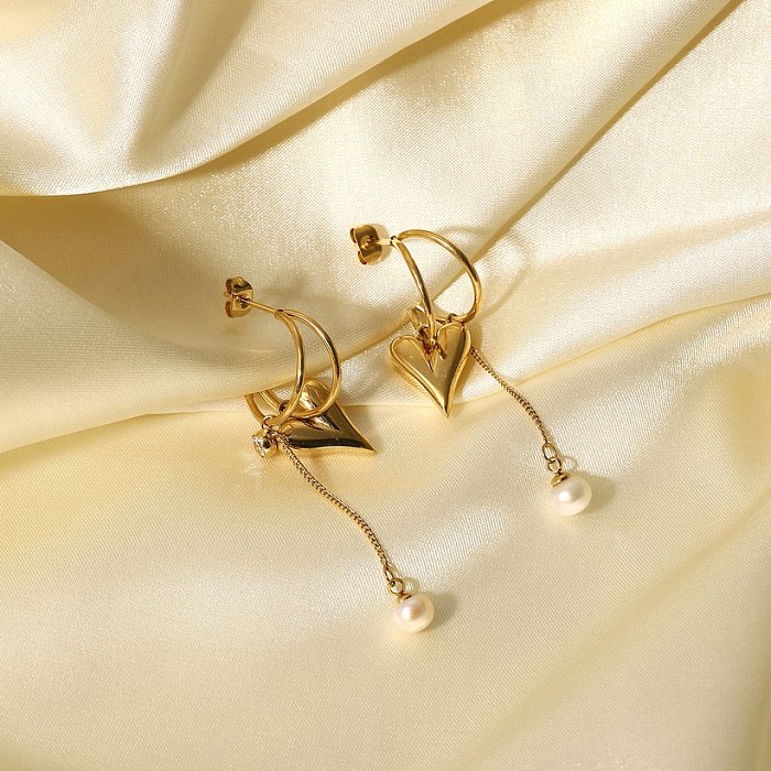 Pendientes de borla de circón y perlas con colgante de corazón de acero inoxidable de oro de 14 quilates