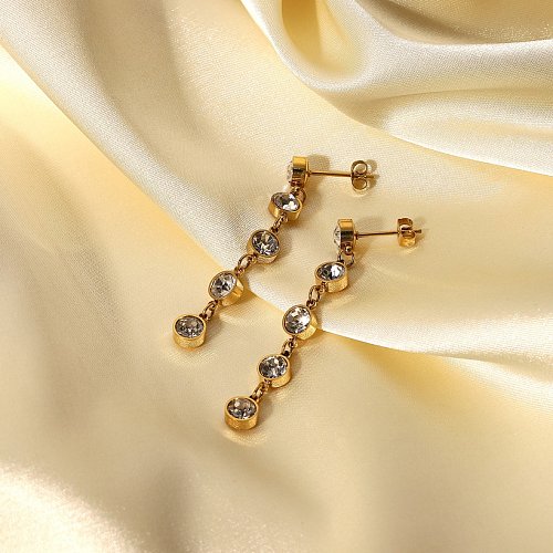 Vintage 14K Gold Plated Stainless Steel Set Five Round Zircon Tassel Earrings