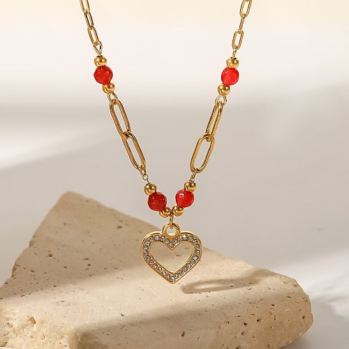 Fashion Heart Shape Stainless Steel Pendant Necklace Gold Plated Inlay Artificial Diamond Stainless Steel Necklaces