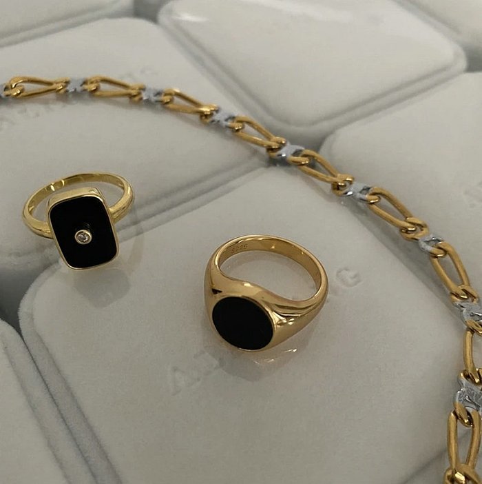مجوهرات بالجملة مجوهرات ريترو مربع أسود 18K خاتم الفولاذ المقاوم للصدأ مطلي بالذهب