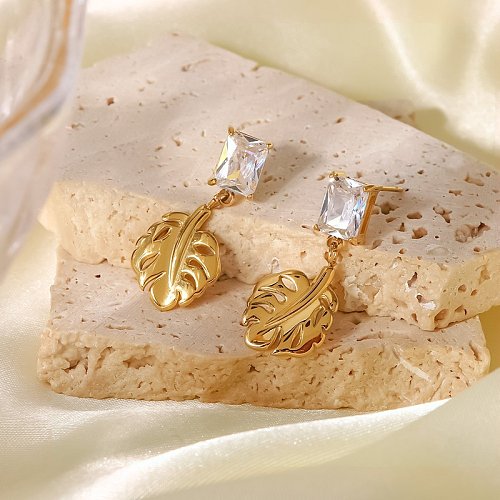 Fashion Leaves Stainless Steel Drop Earrings Gold Plated Inlay Zircon Stainless Steel Earrings