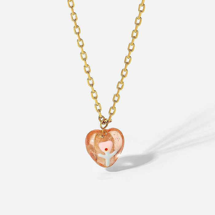 New Style 18K Gold plated Stainless Steel HeartShaped Pink Colored Glaze Pendant Necklace