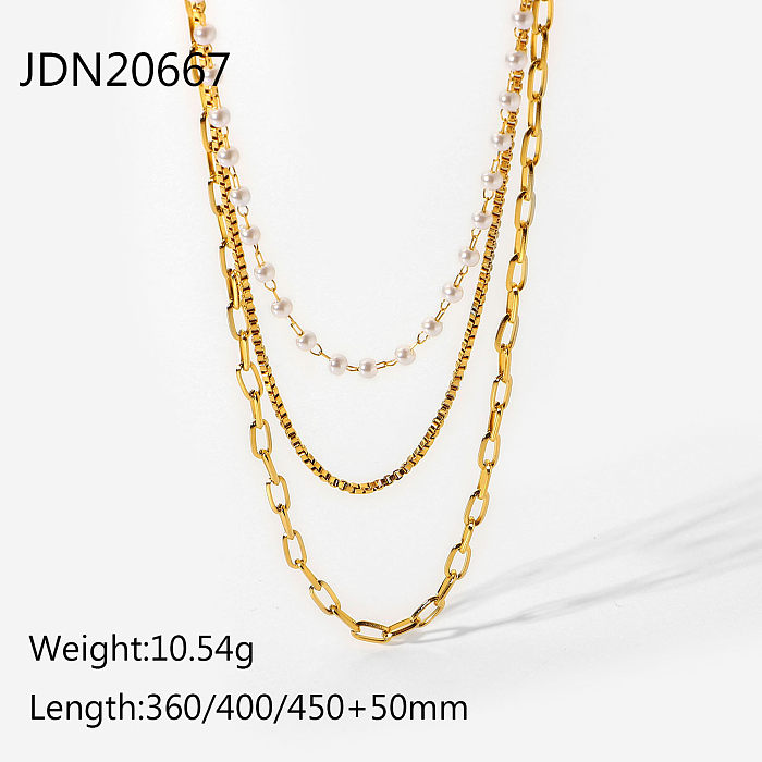 Fashion 18K Gold Stainless Steel Small Pearl Chain ThreeLayer Necklace Women