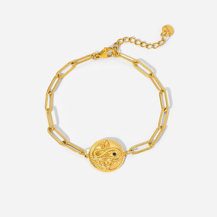 Bracelet en acier inoxydable en or 18 carats avec chaîne en croix de marque ronde en relief en forme de serpent