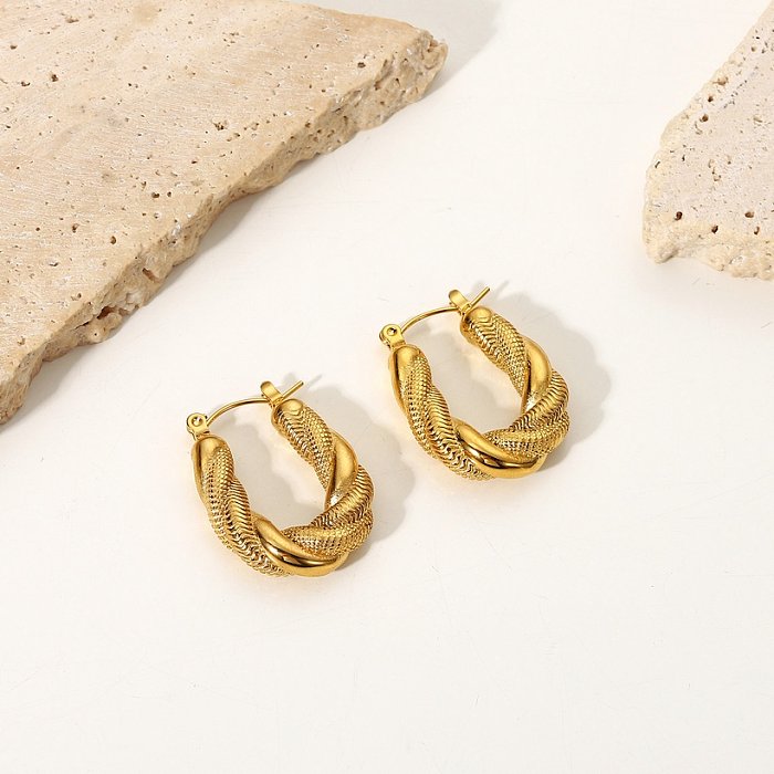 fashion retro double twist oval 18K gold stainless steel Ushaped earrings womens