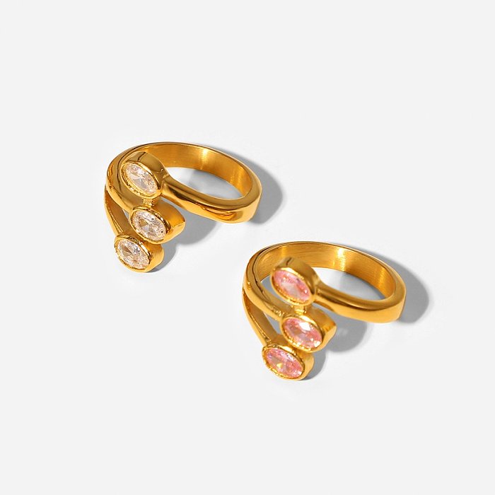 European and American zircon leafshaped threelayer stainless steel 18K goldplated ring