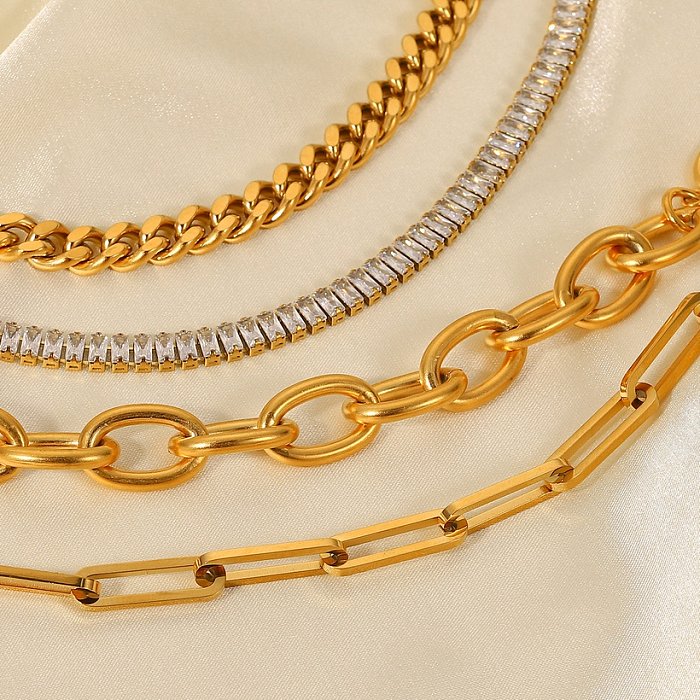 Moda nueva pulsera de circón de cadena cruzada de cadena de eslabones cubanos de acero inoxidable de oro de 18 quilates